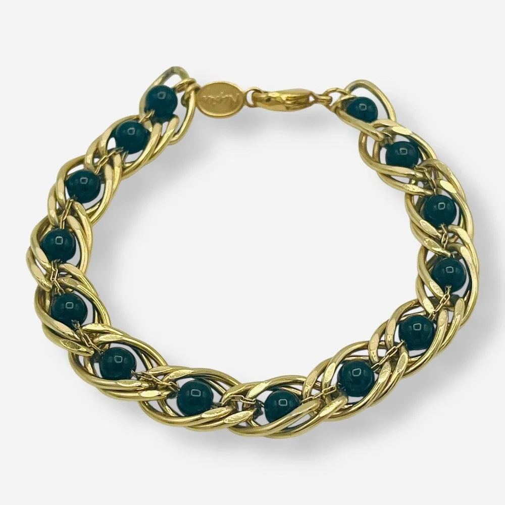 Vintage Napier Gold Tone‎ Black Ball Bead Bracelet Caged Beaded Faux Onyx